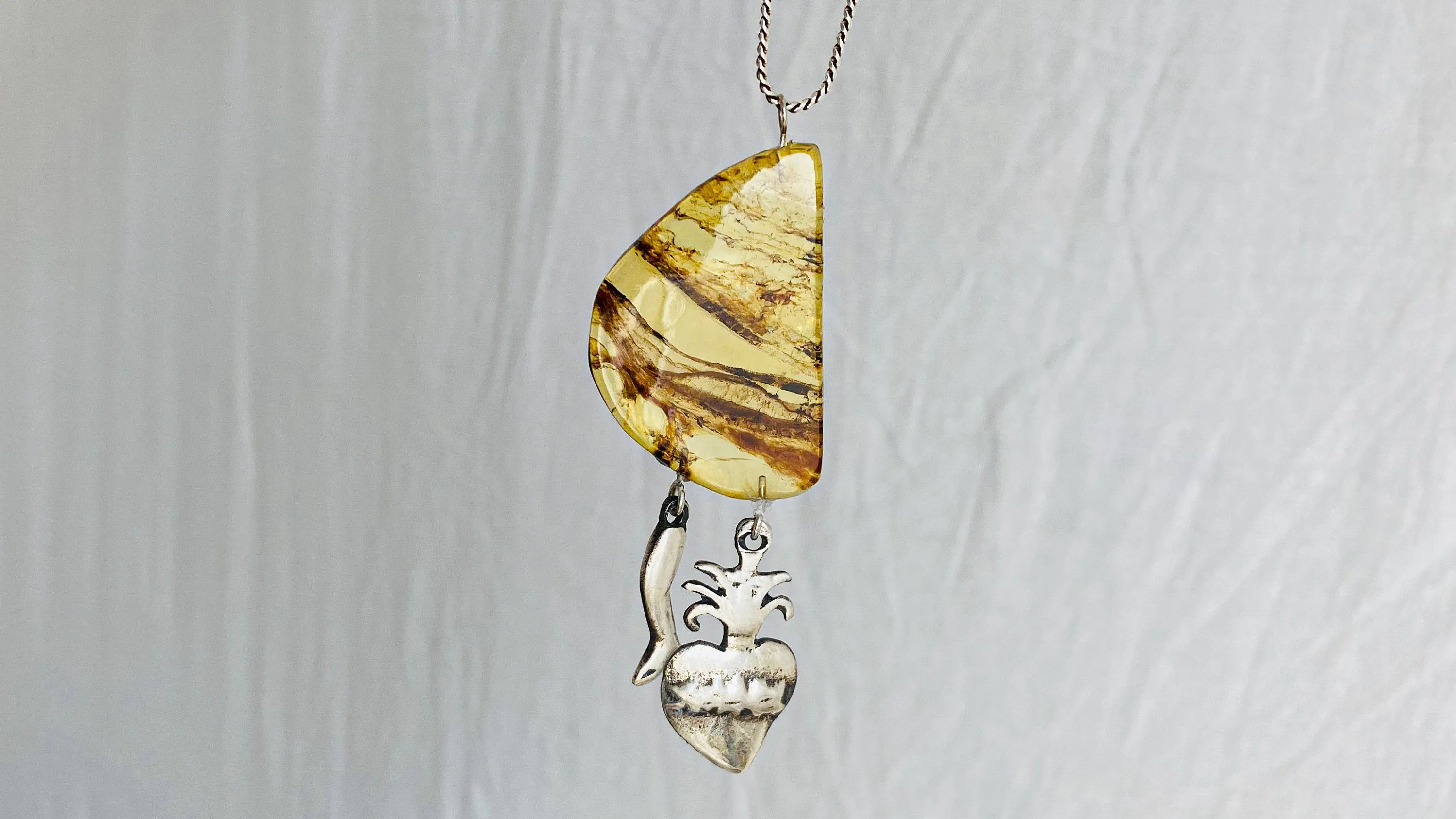 Amber & Milagro Pendants Necklace. Mexico. Sterling Silver and Amber.