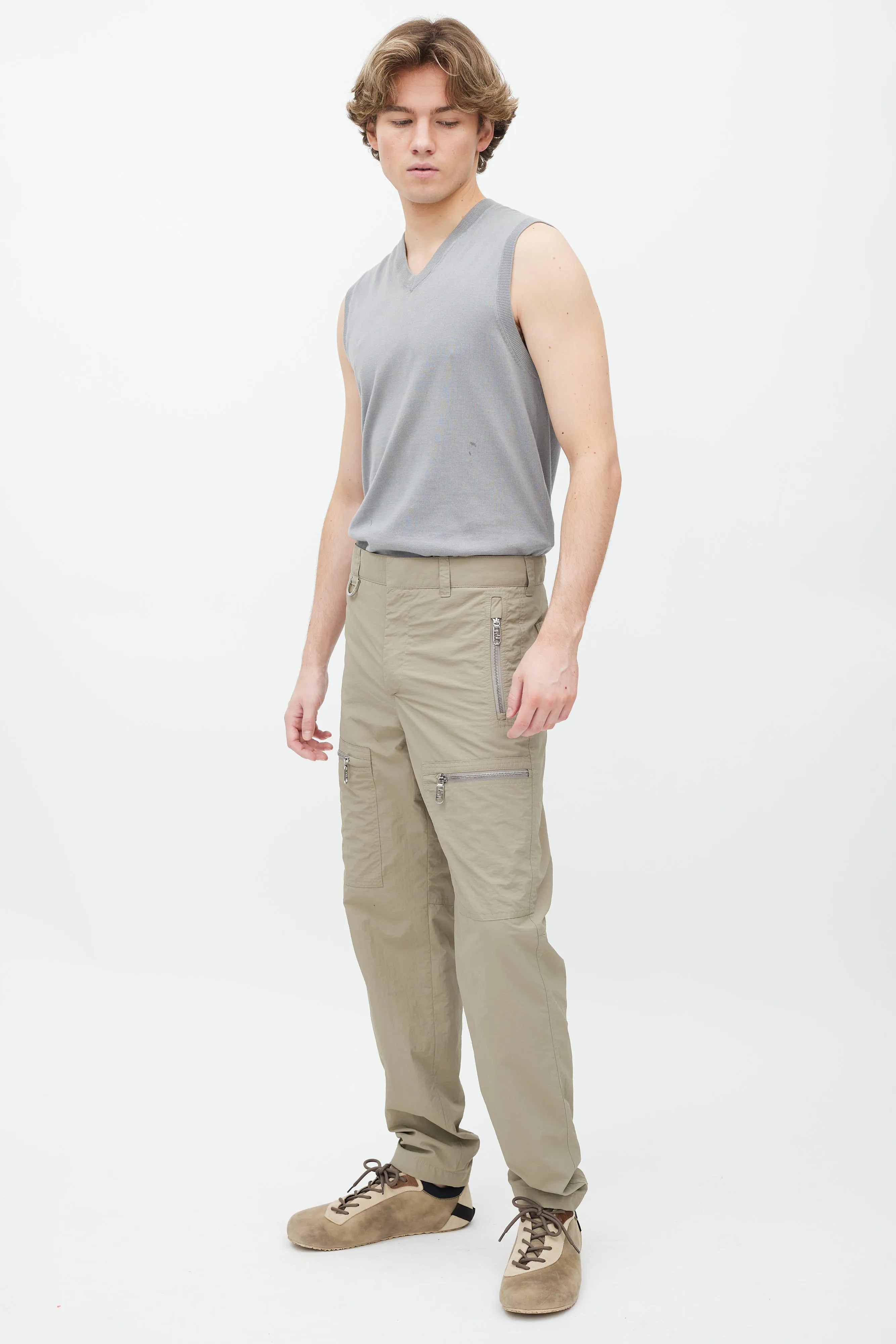 Beige Nylon Slim Cargo Pant