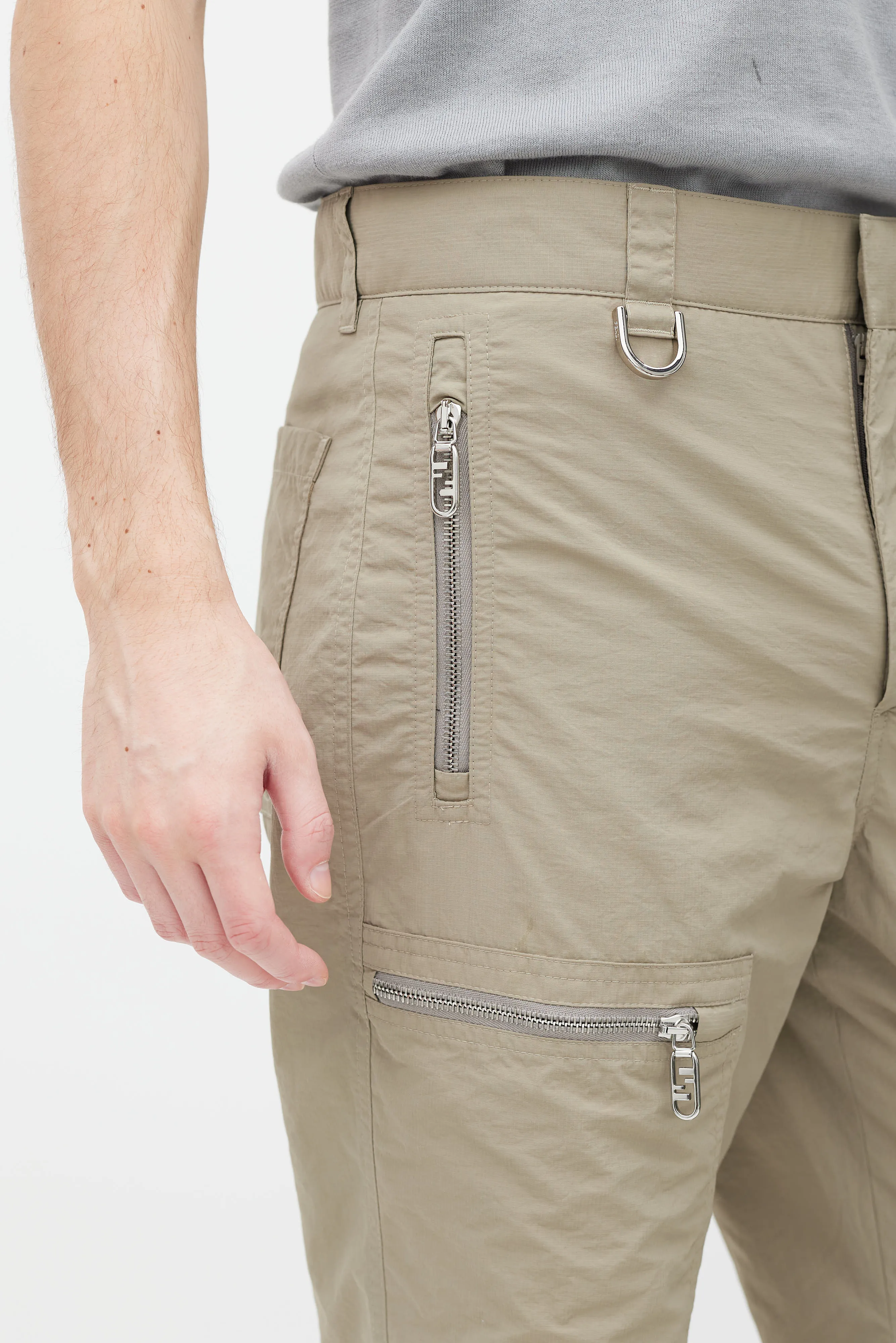 Beige Nylon Slim Cargo Pant