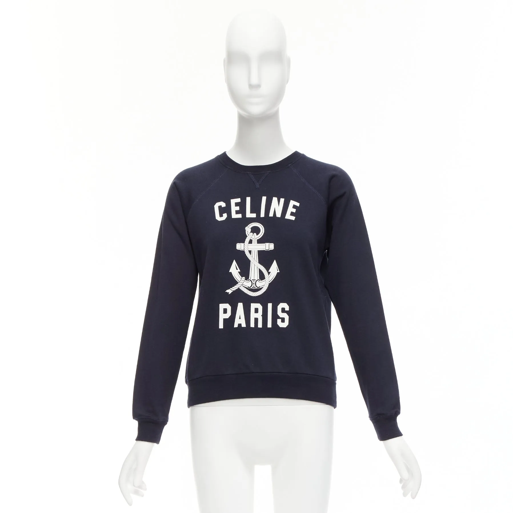CELINE Anchor navy cotton cashmere logo print crew long sleeve sweatshirt XS