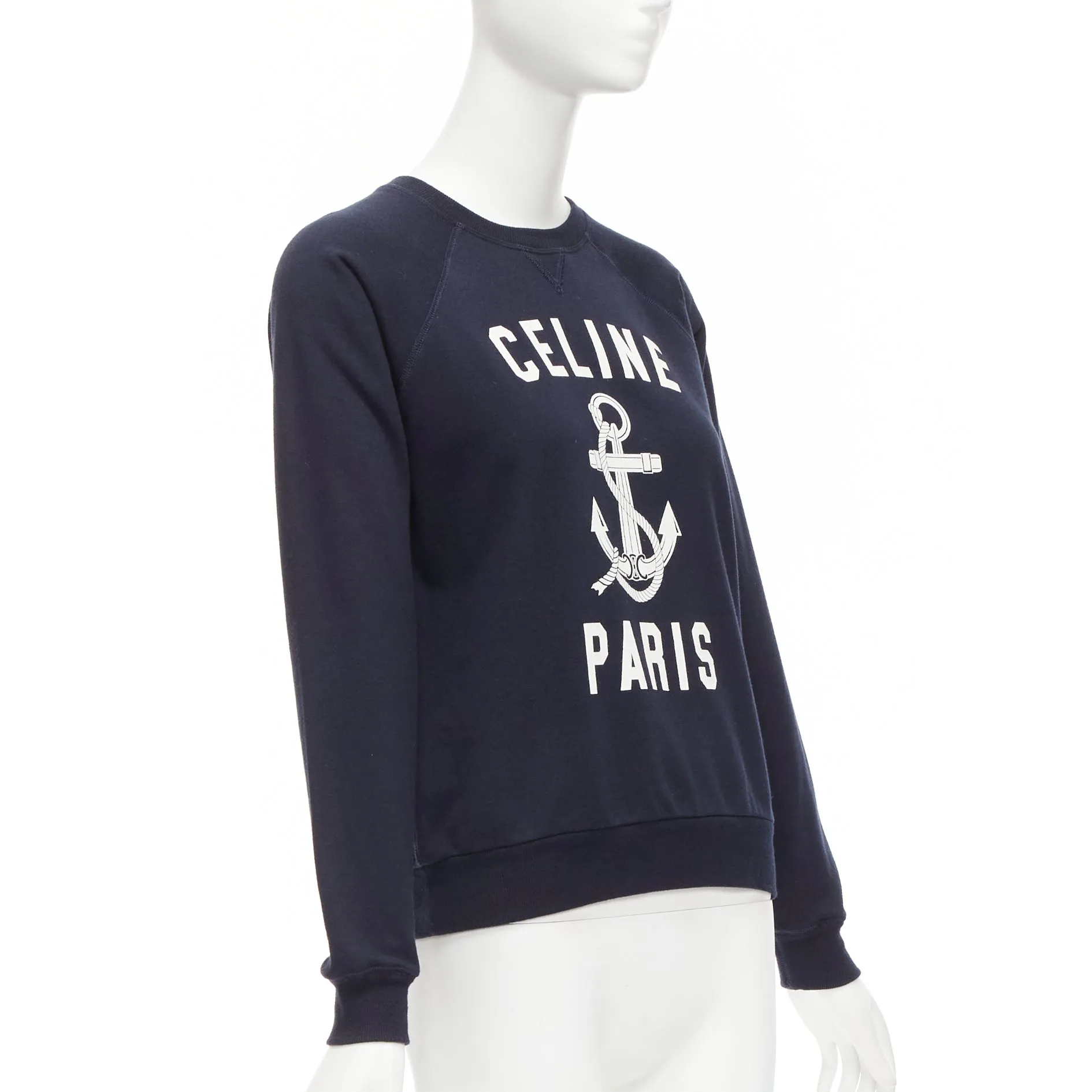 CELINE Anchor navy cotton cashmere logo print crew long sleeve sweatshirt XS