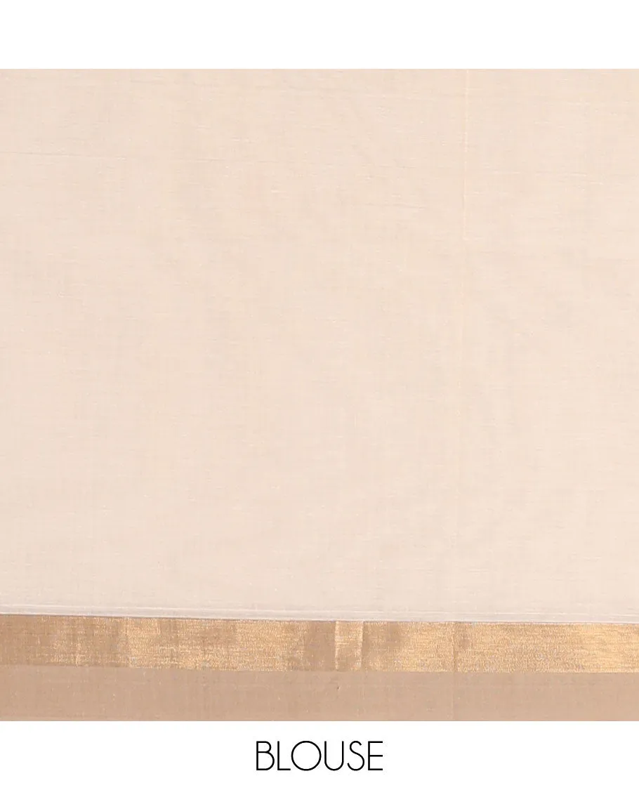 Cream cotton saree with unique designs, plain border & pallu of intricate designs