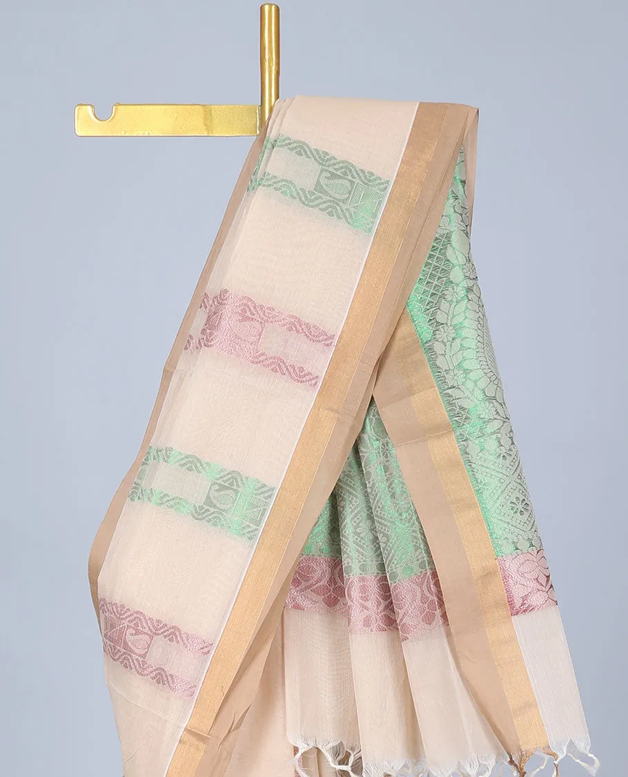 Cream cotton saree with unique designs, plain border & pallu of intricate designs
