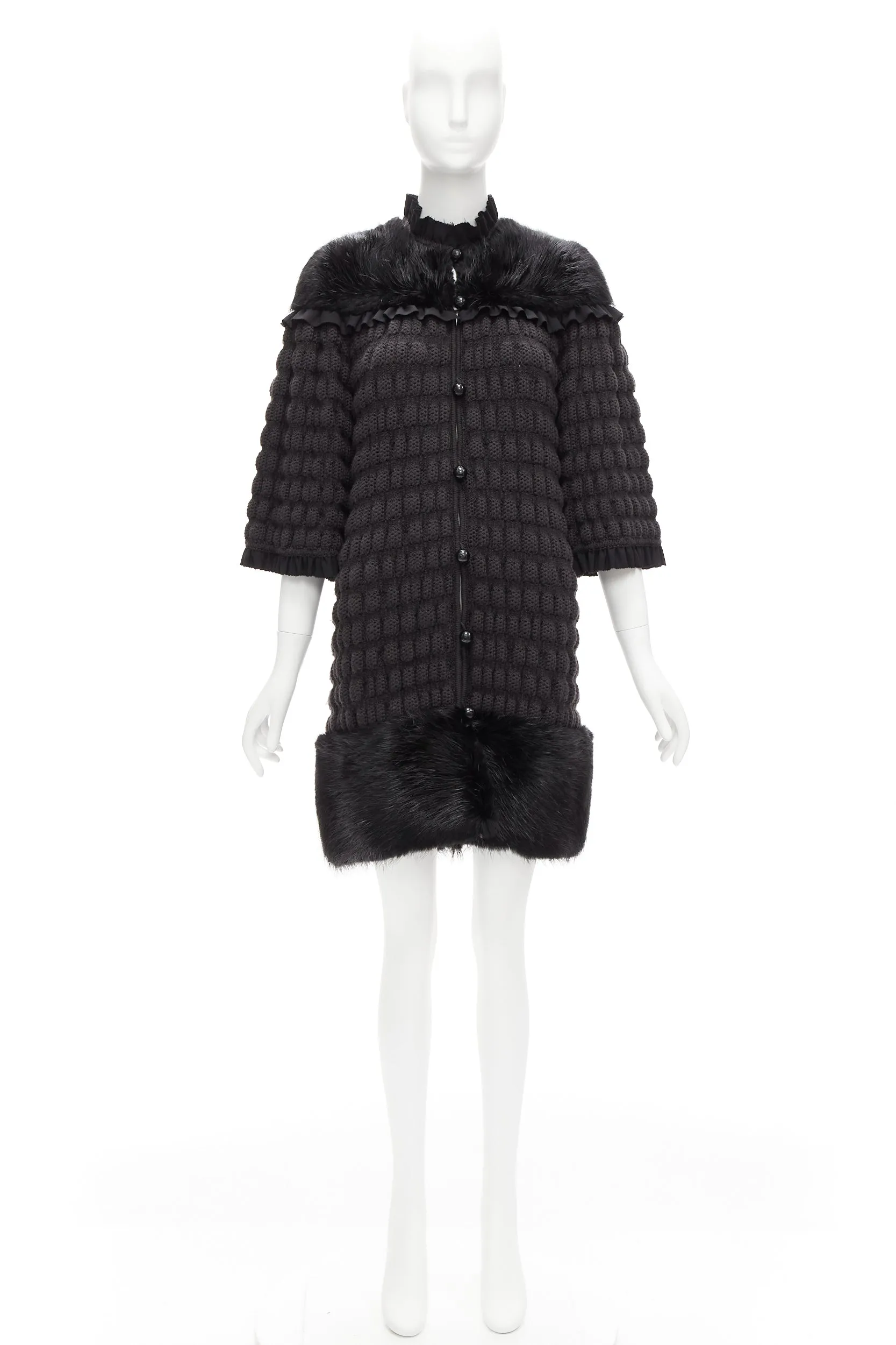 FENDI black fur panel virgin wool crochet chunky knit bell coat IT40 S