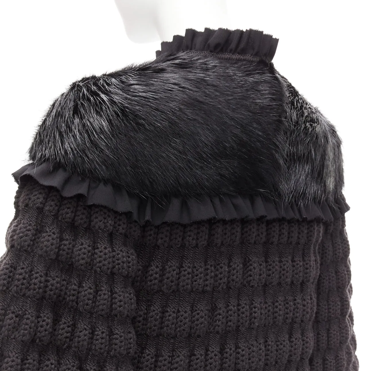 FENDI black fur panel virgin wool crochet chunky knit bell coat IT40 S