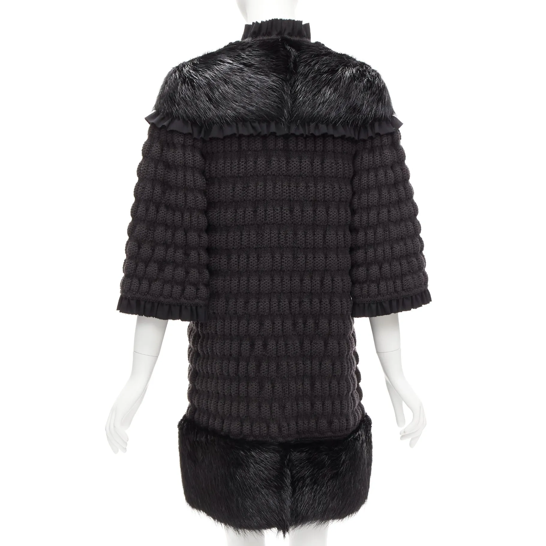 FENDI black fur panel virgin wool crochet chunky knit bell coat IT40 S