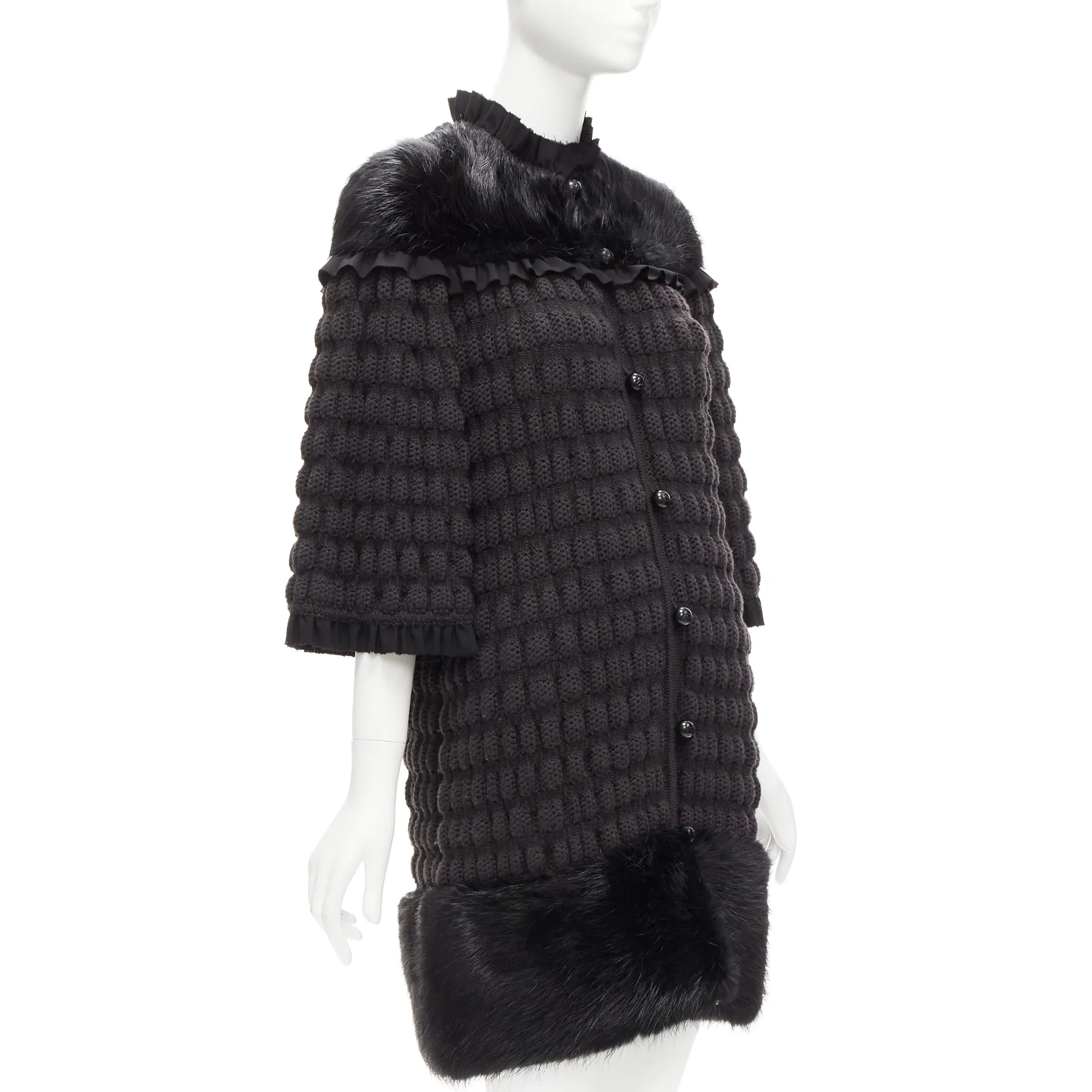 FENDI black fur panel virgin wool crochet chunky knit bell coat IT40 S