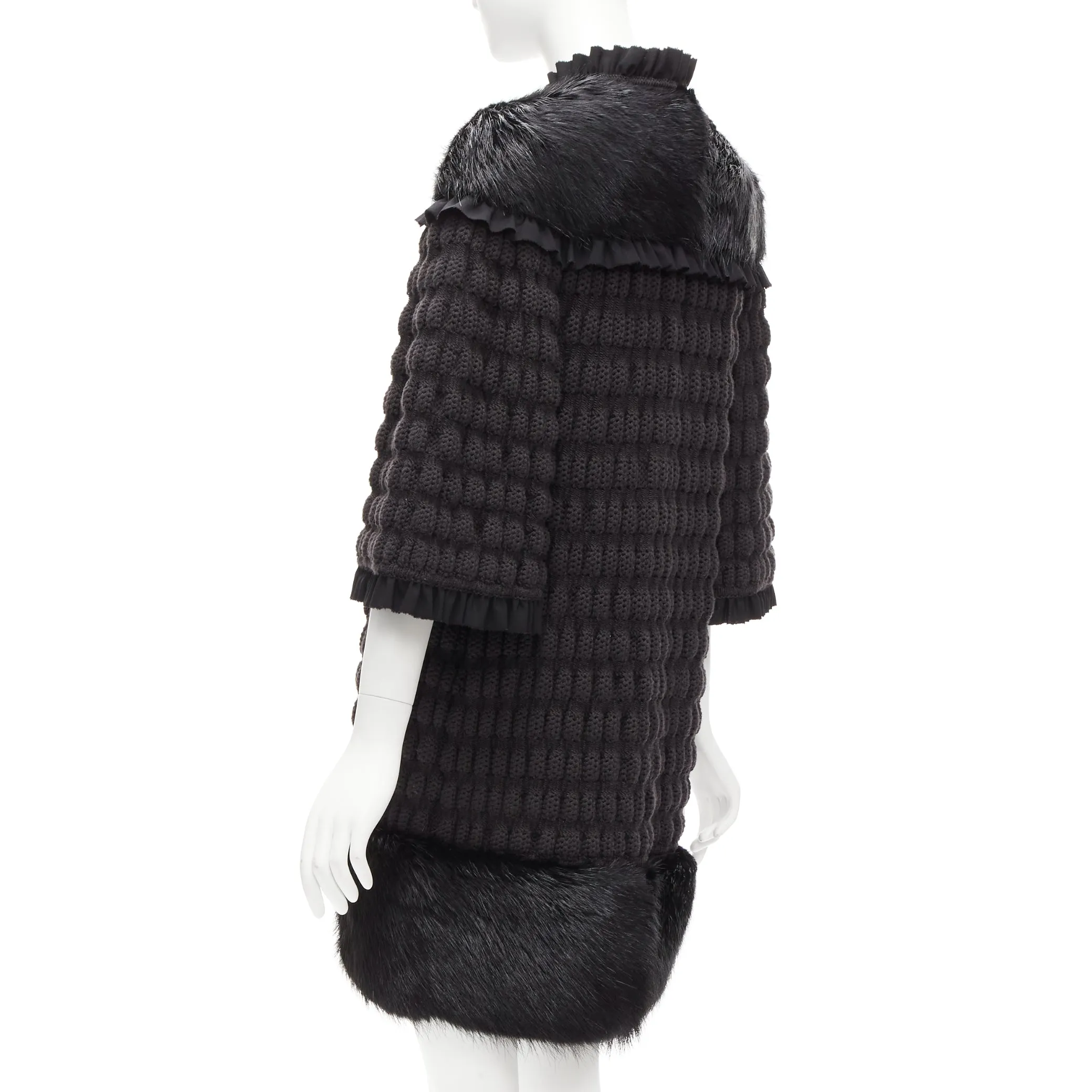 FENDI black fur panel virgin wool crochet chunky knit bell coat IT40 S