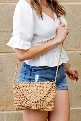 Foldover Fringe Straw Crossbody Bag with Woven Strap