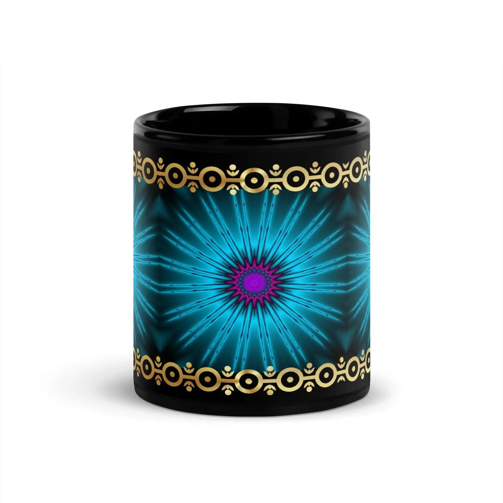 Glowing Fractal with Gold Trim Black Glossy Mug