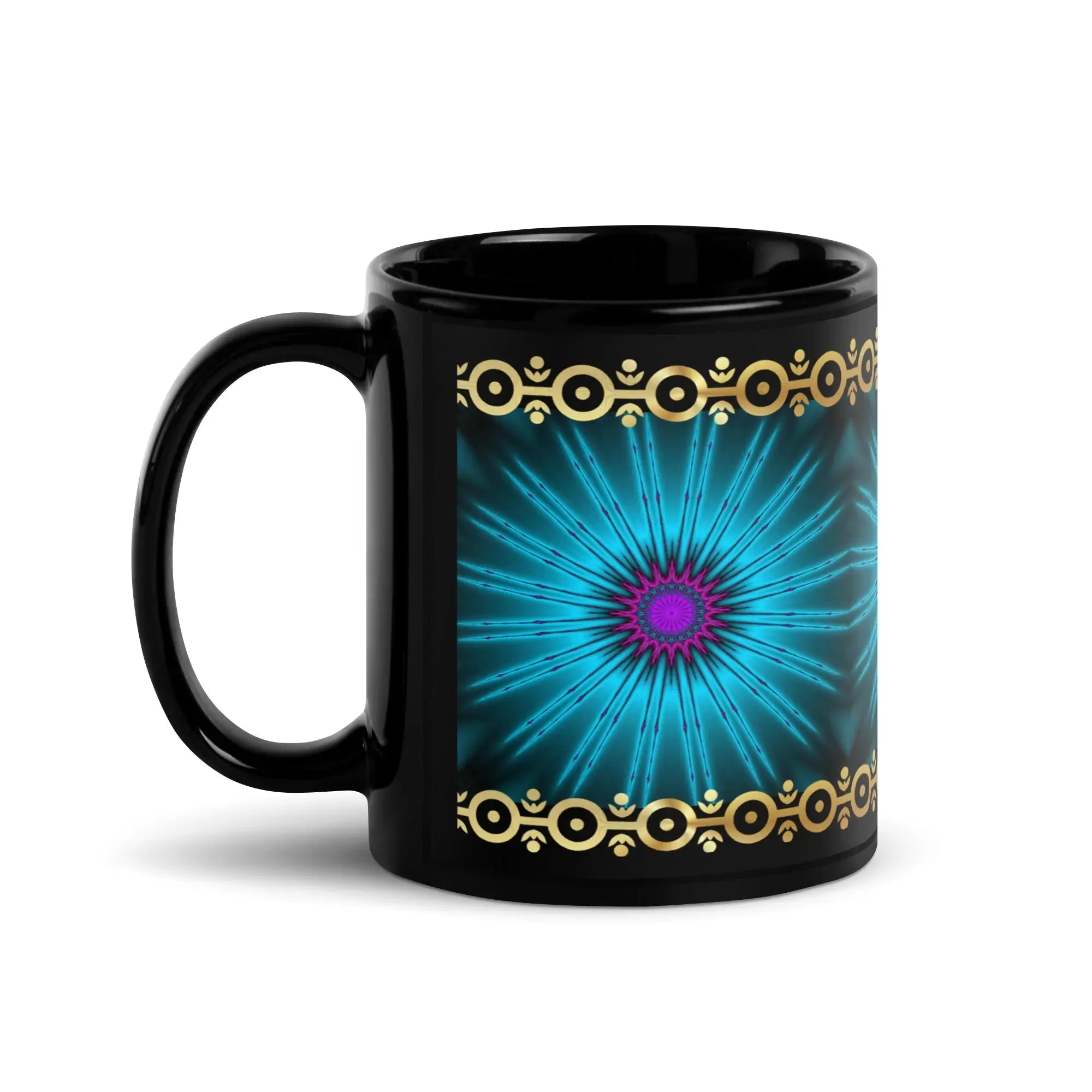Glowing Fractal with Gold Trim Black Glossy Mug