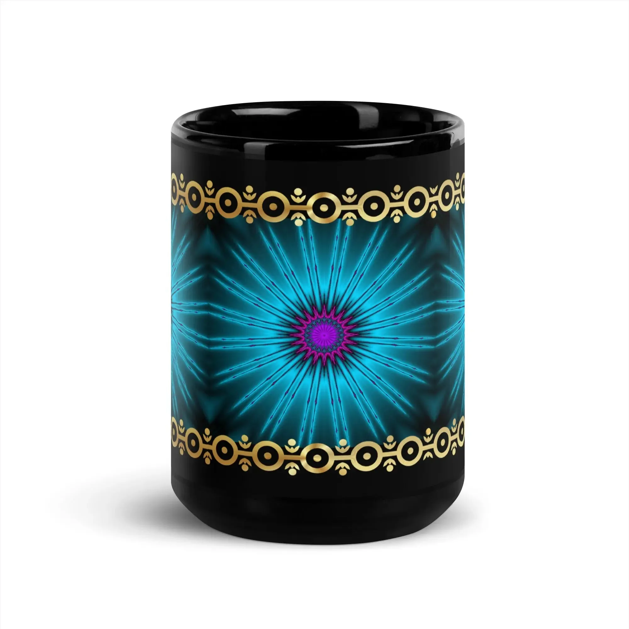 Glowing Fractal with Gold Trim Black Glossy Mug