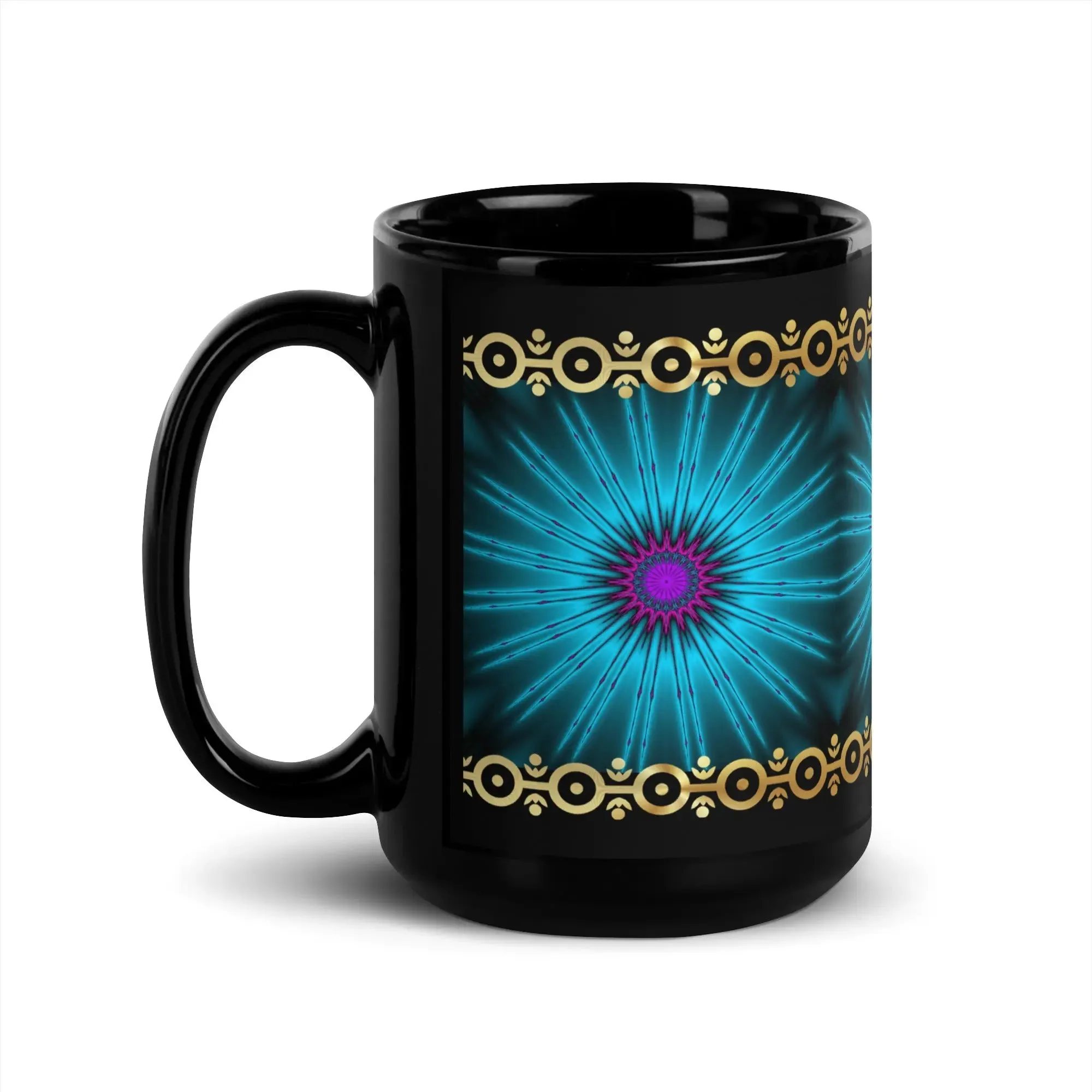 Glowing Fractal with Gold Trim Black Glossy Mug