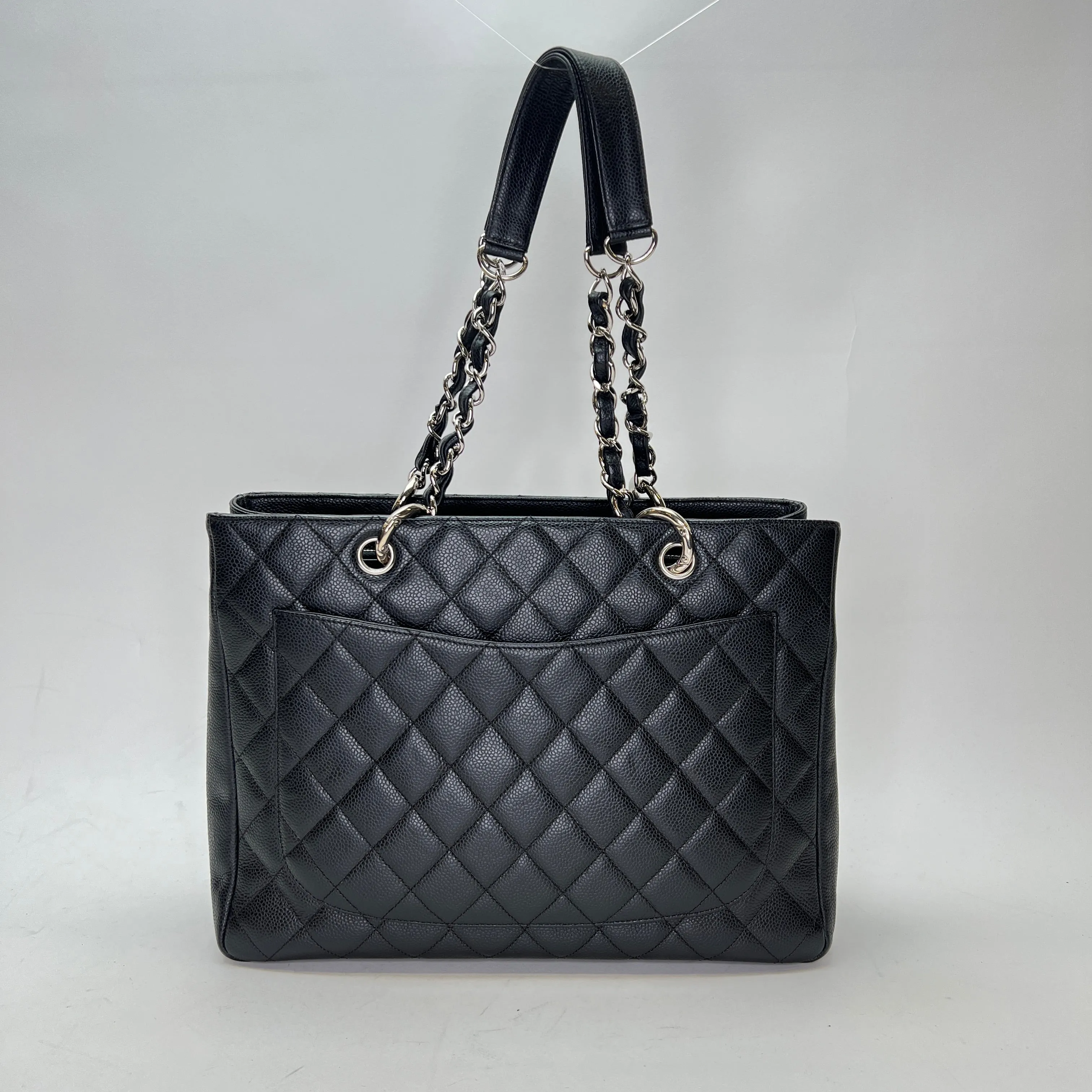 GST Black Tote Bag in Caviar Leather, Silver hardware
