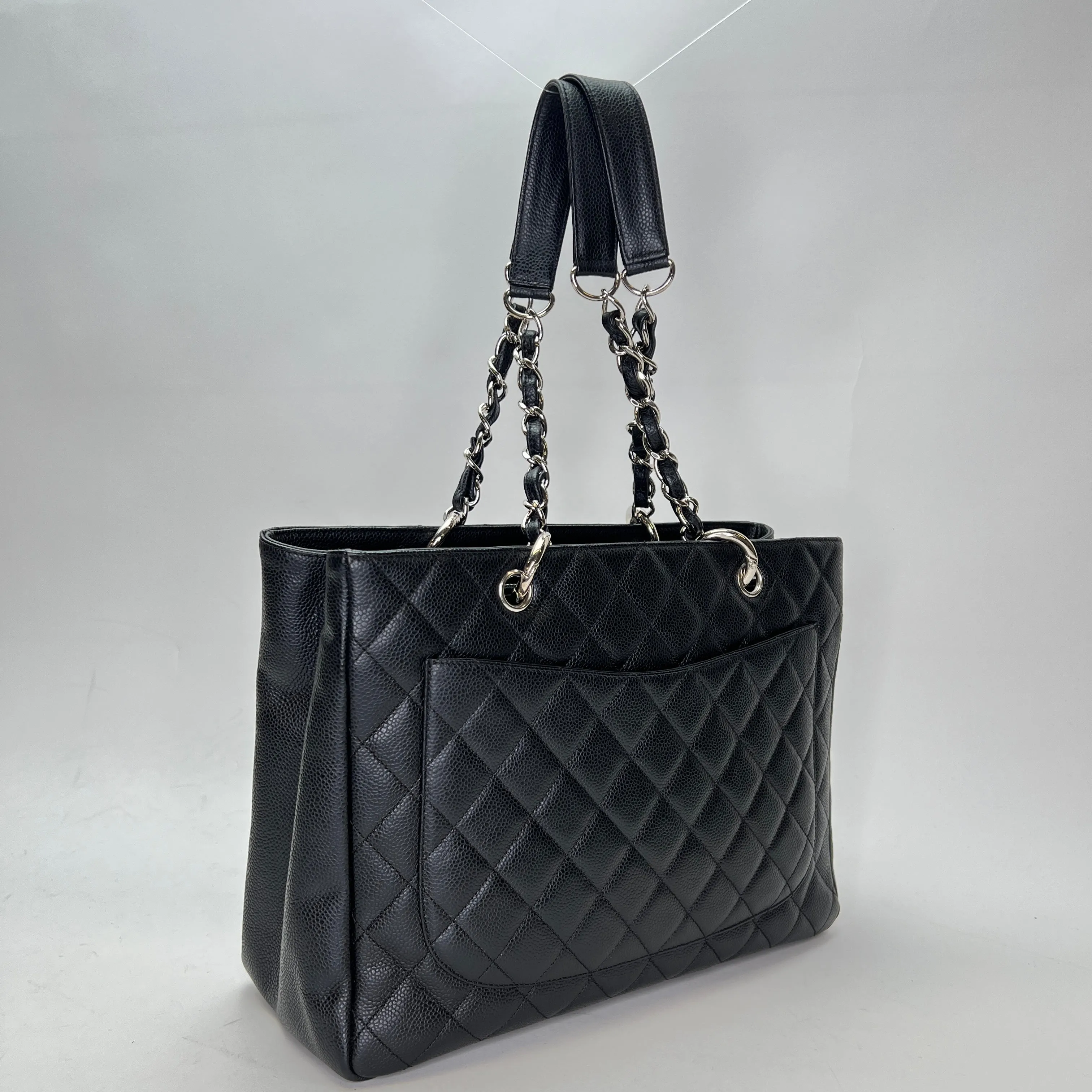 GST Black Tote Bag in Caviar Leather, Silver hardware