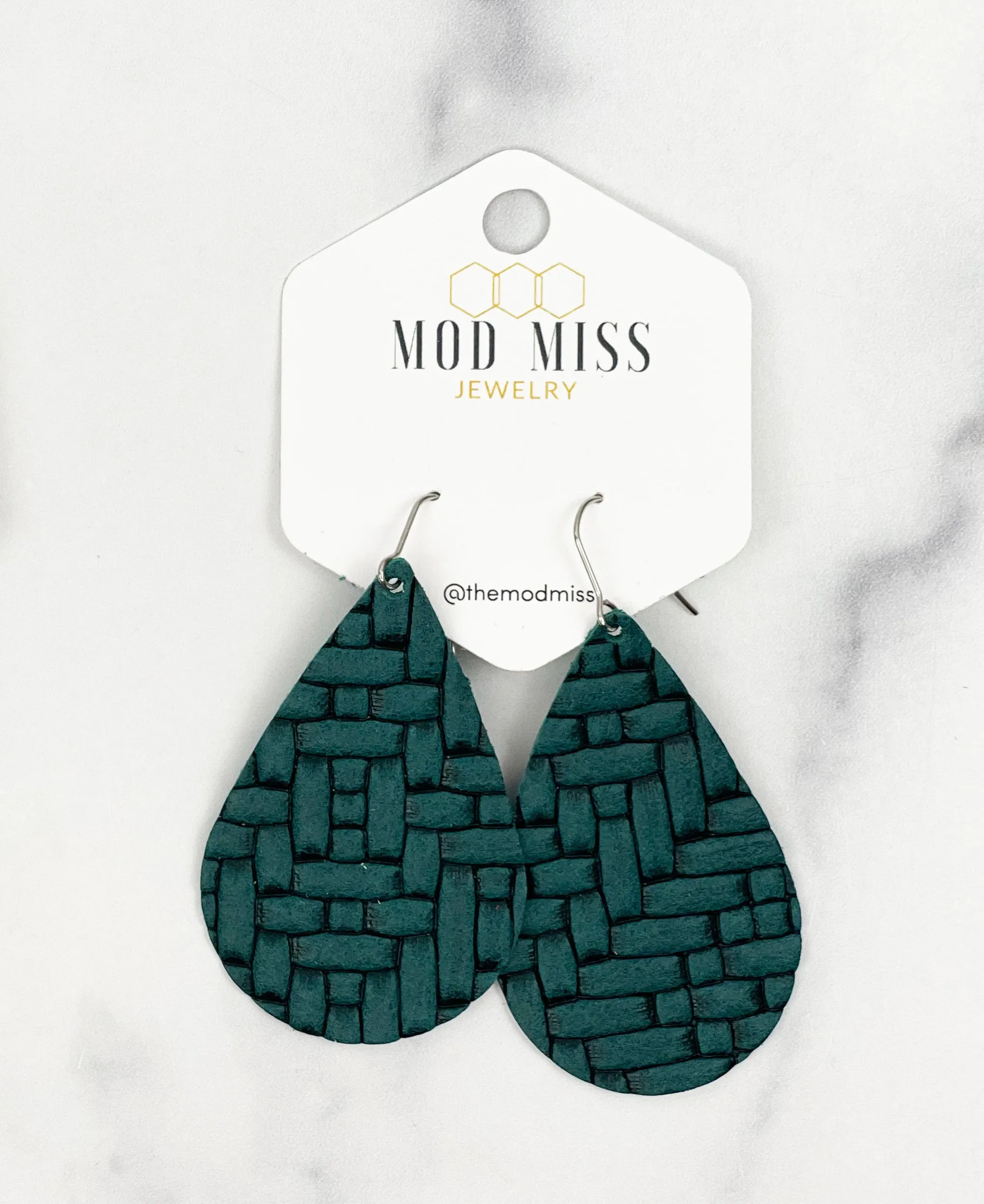 Leather Teardrop Earring "Basket Weave Dark Teal"