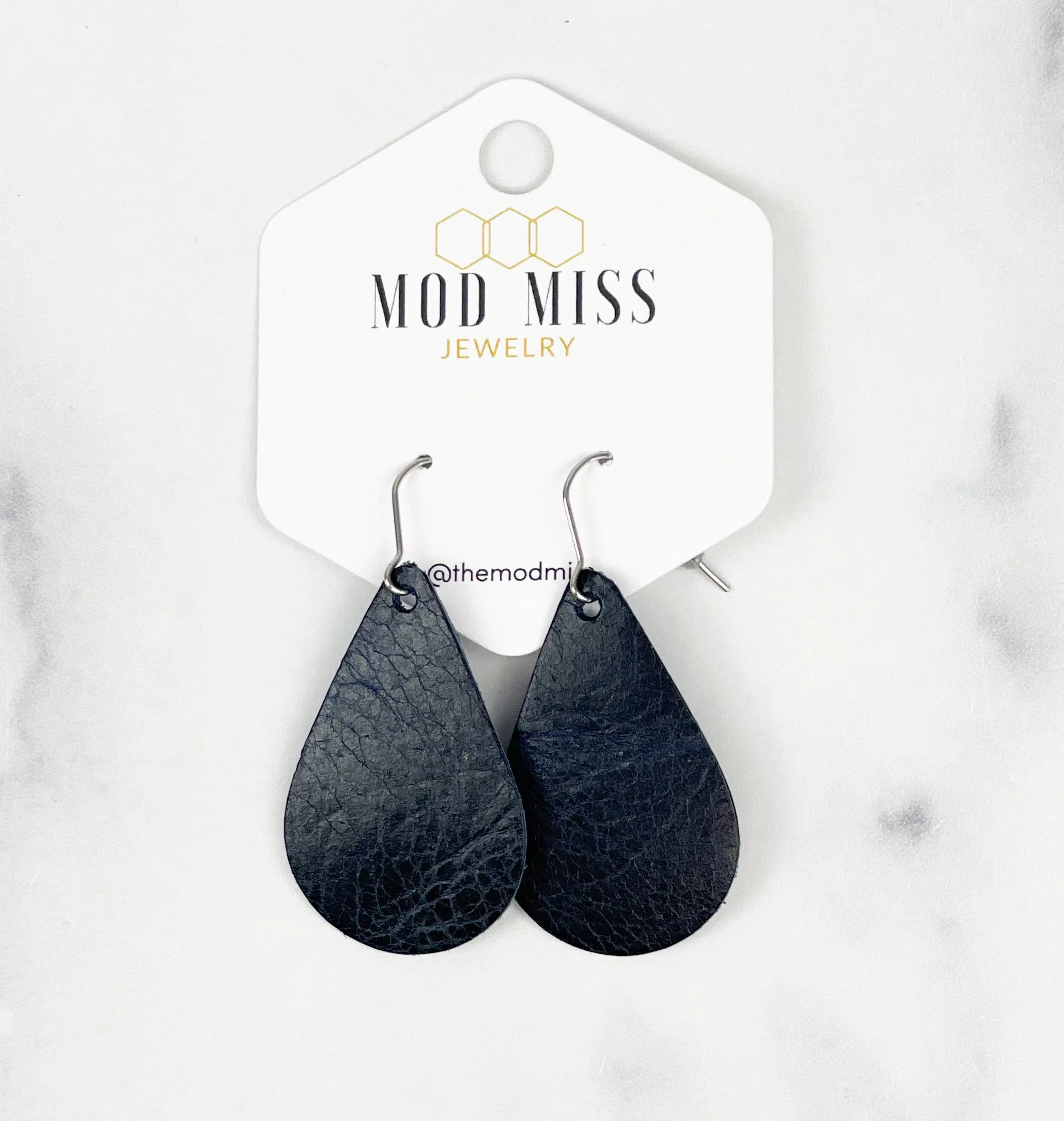 Leather Teardrop Earring "Worn Black"