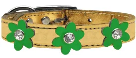 Metallic Flower Leather Collar Gold With Metallic Emerald Green Flowers Size 14