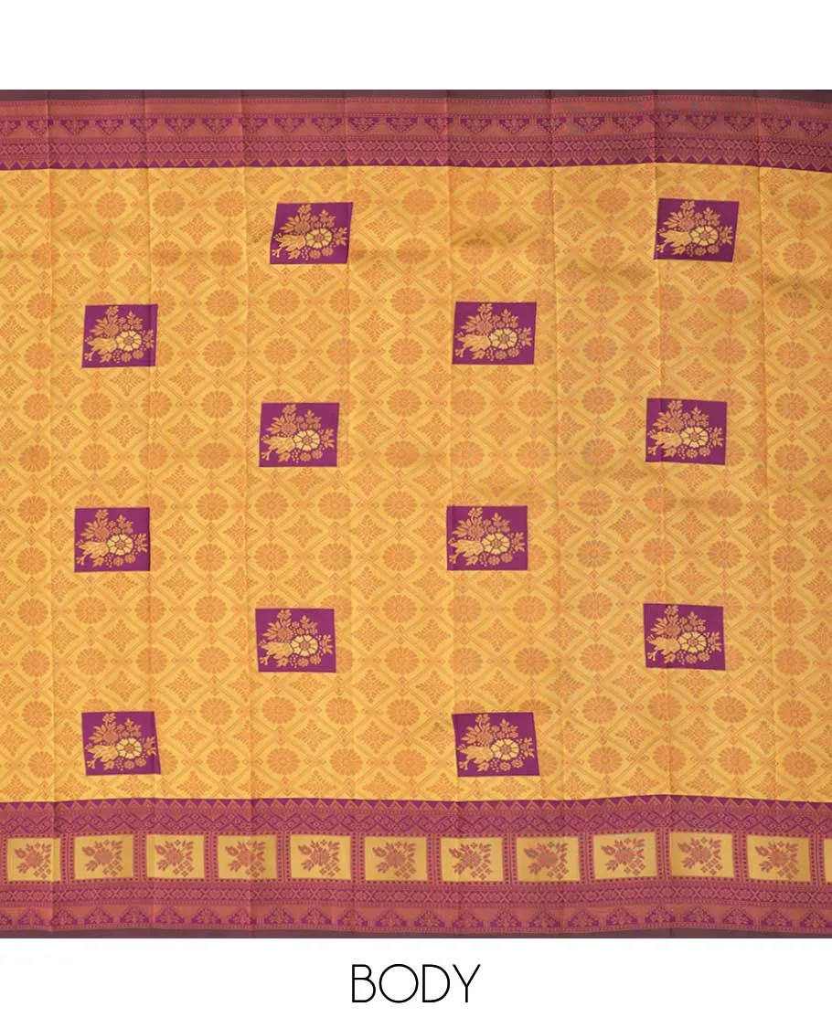 Mustard litchi saree with unique designs, contrast traditional design border & pallu of jaal designs