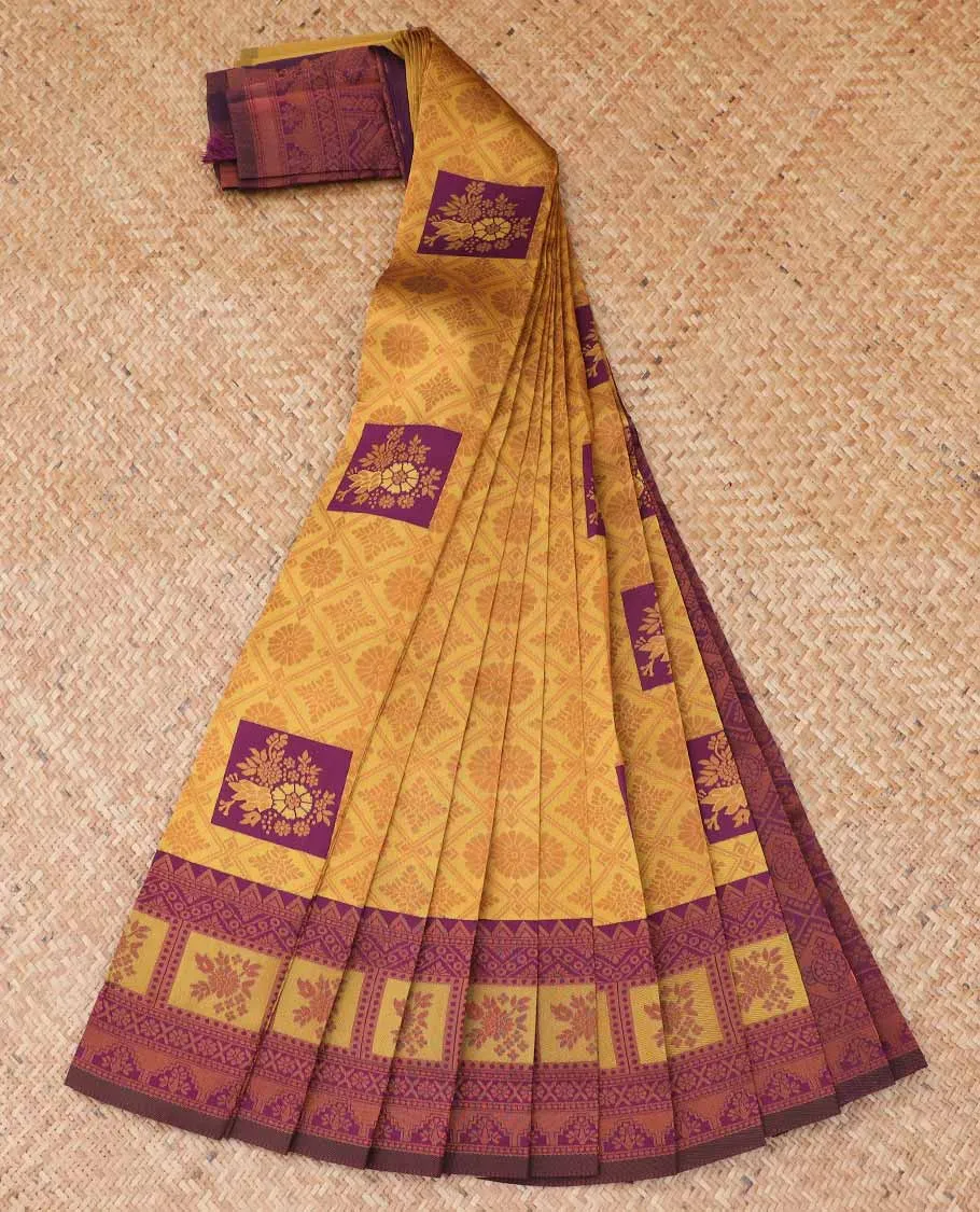 Mustard litchi saree with unique designs, contrast traditional design border & pallu of jaal designs