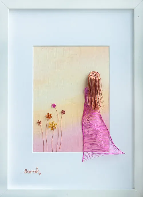 Pink Wireart Girl with Flowers