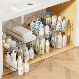 Vtopmart 4 Pack Bathroom Organizer, 2 Tier Clear Under Sink Organizers Vanity Countertop Storage Container,Cabinet Drawers Bins, Pull-Out Organization with Track for Pantry, Kitchen
