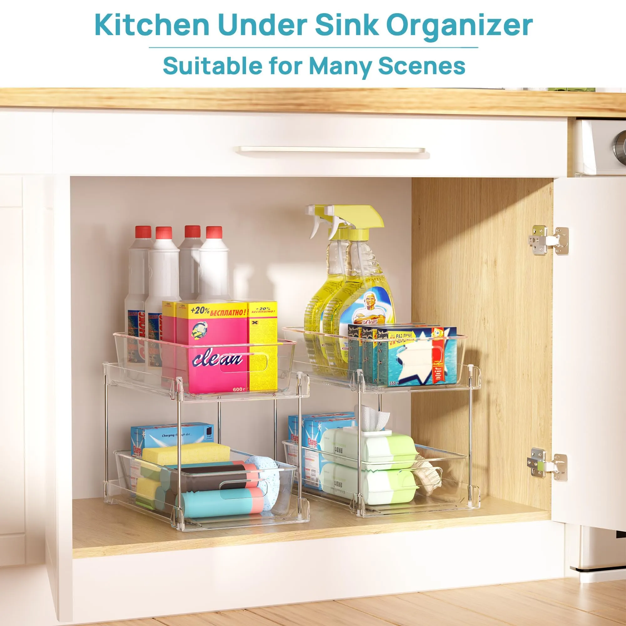 Vtopmart 4 Pack Bathroom Organizer, 2 Tier Clear Under Sink Organizers Vanity Countertop Storage Container,Cabinet Drawers Bins, Pull-Out Organization with Track for Pantry, Kitchen